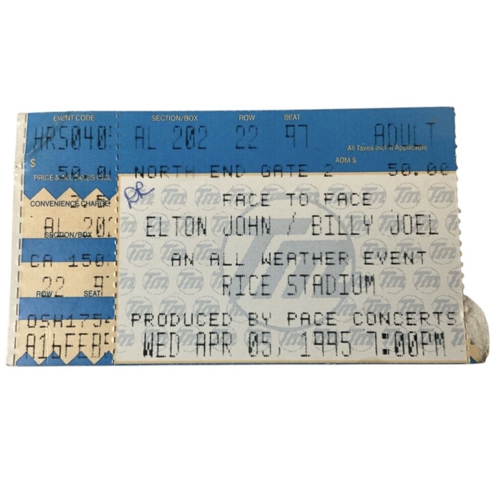 Elton John & Billy Joel 4/5/95 Houston TX Rice Stadium Ticket Stub